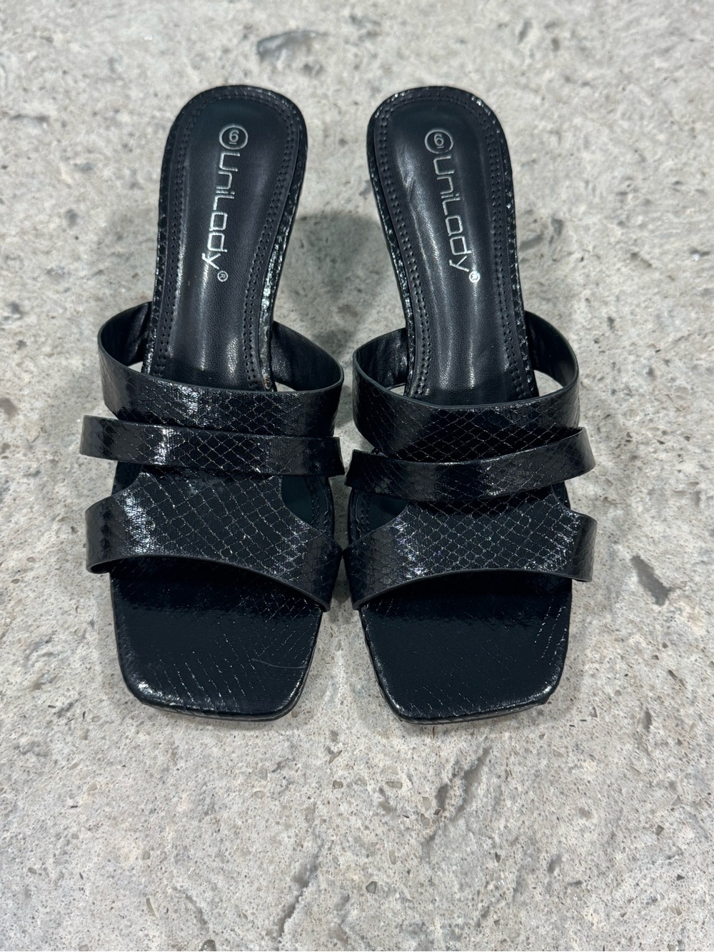 Unlucky Black Three-Strap Slide Heels